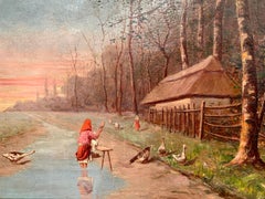 Peinture hongroise du XIXe siècle à l'huile sur toile dans un cadre doré signée Guniczky