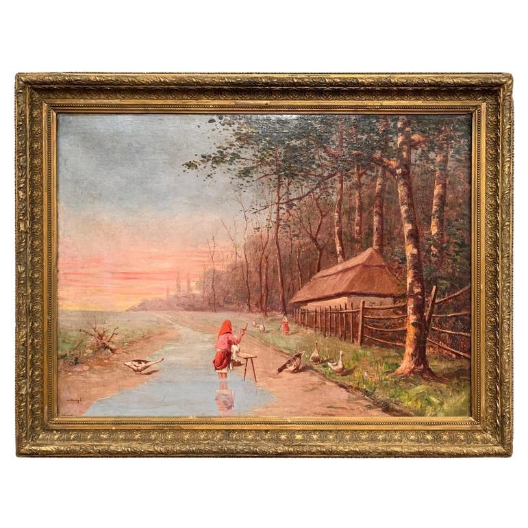 19th Century, Hungarian Oil on Canvas Painting in Gilt Frame Signed Guniczky