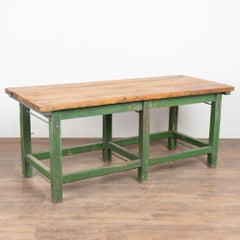 Mesa de trabajo húngara del siglo XIX, de pino, pintada de verde, original