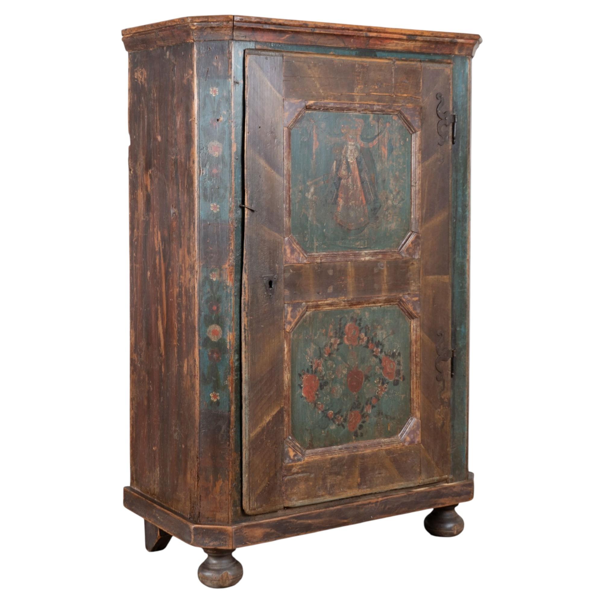 19th Century Hungarian Original Hand Painted Pine One-Door Armoire