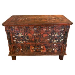 19th Century Hungarian Painted Dowry Chest with Floral Folk Art and Lower Drawer