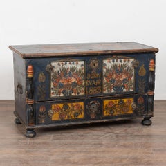 19th Century Hungarian Pine Trunk with Original Hand Painted Decoration & Drawer