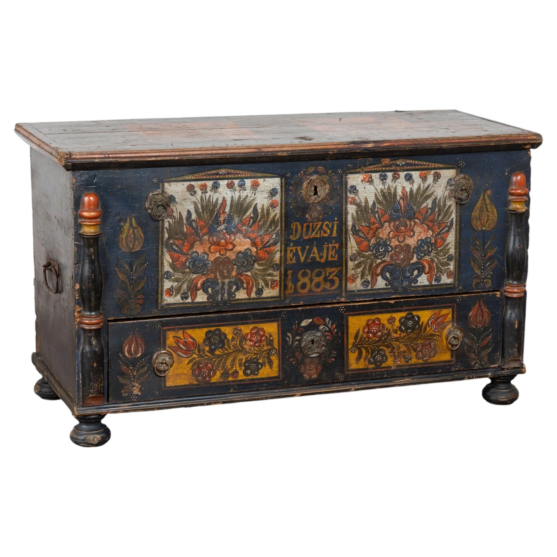 19th Century Hungarian Pine Trunk with Original Hand Painted Decoration & Drawer