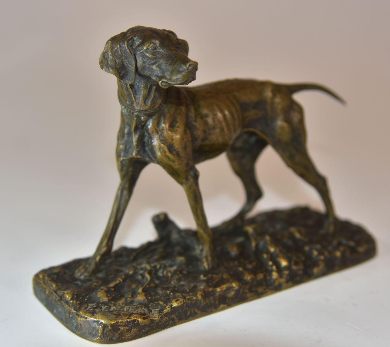 chien de chasse du 19ème siècle, probablement un pointer. Bronze animalier de Pierre-Jules Mêne (1810-1879) patine bronze. Signature sur la terrasse.