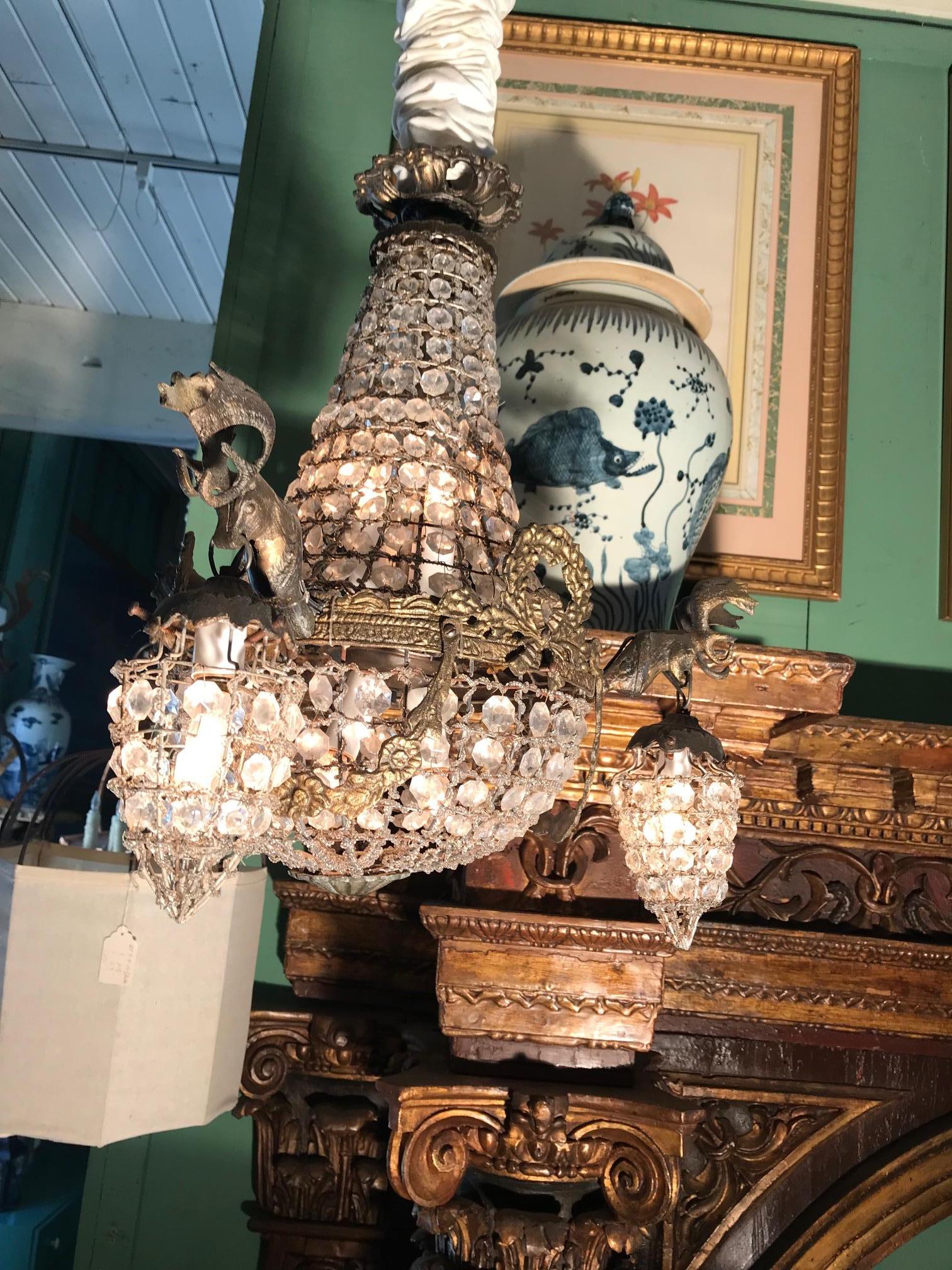 Antique Crystal Hanging Chandelier Entry kitchen library Ceiling Light Pendant In Good Condition In West Hollywood, CA