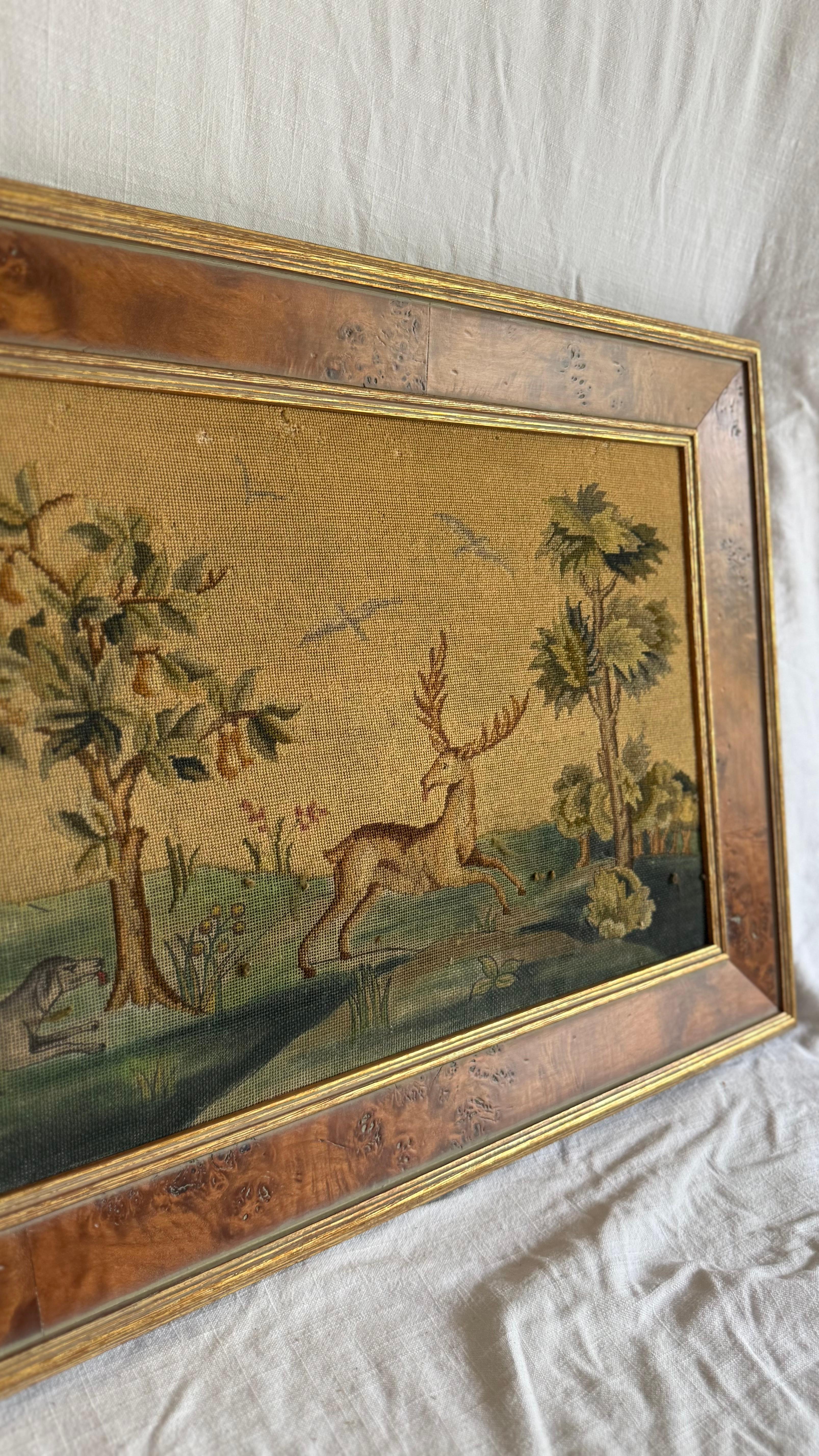 French 19th Century Hunting Scene Needlepoint Tapestry For Sale
