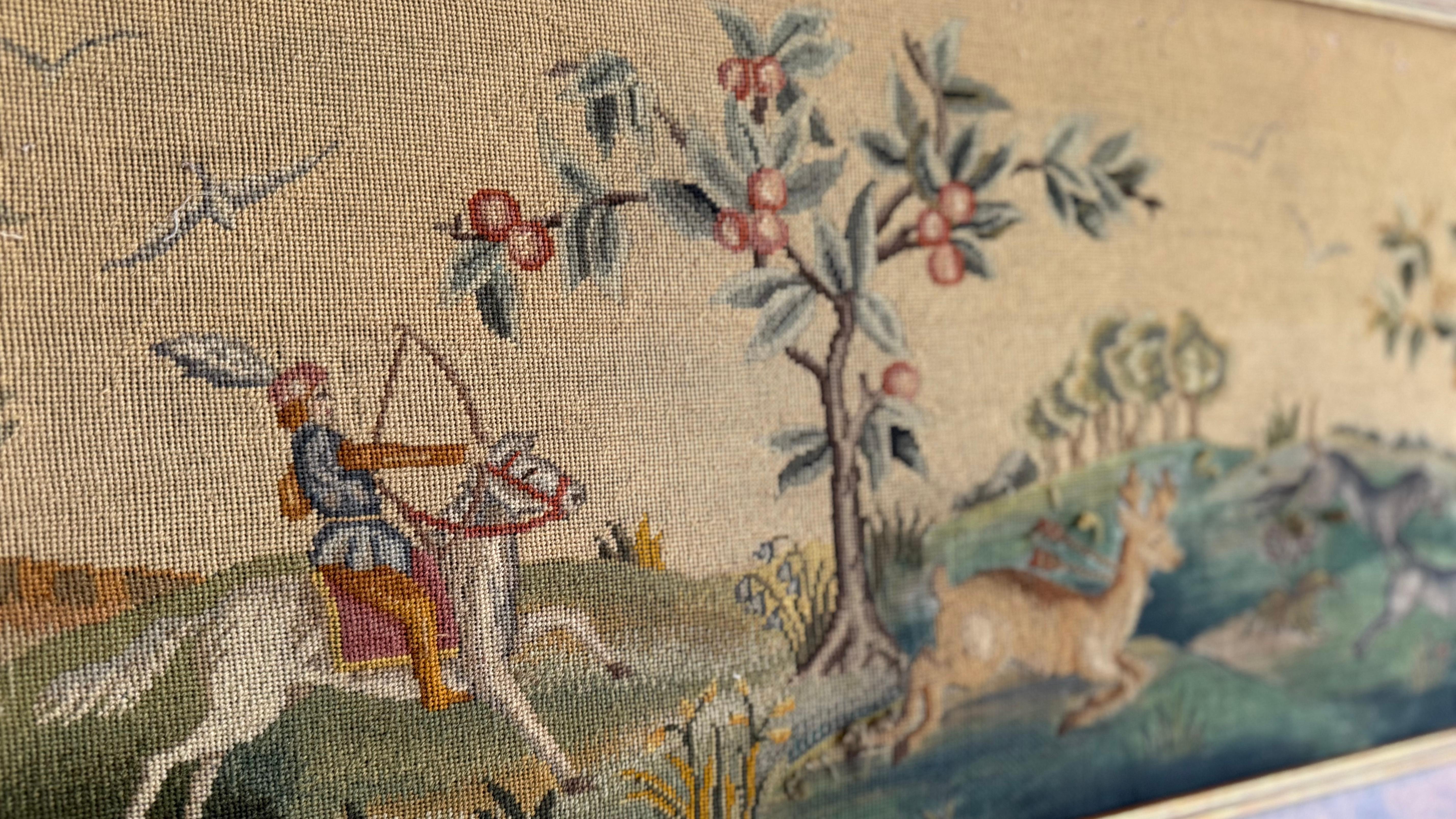 Hand-Woven 19th Century Hunting Scene Needlepoint Tapestry For Sale