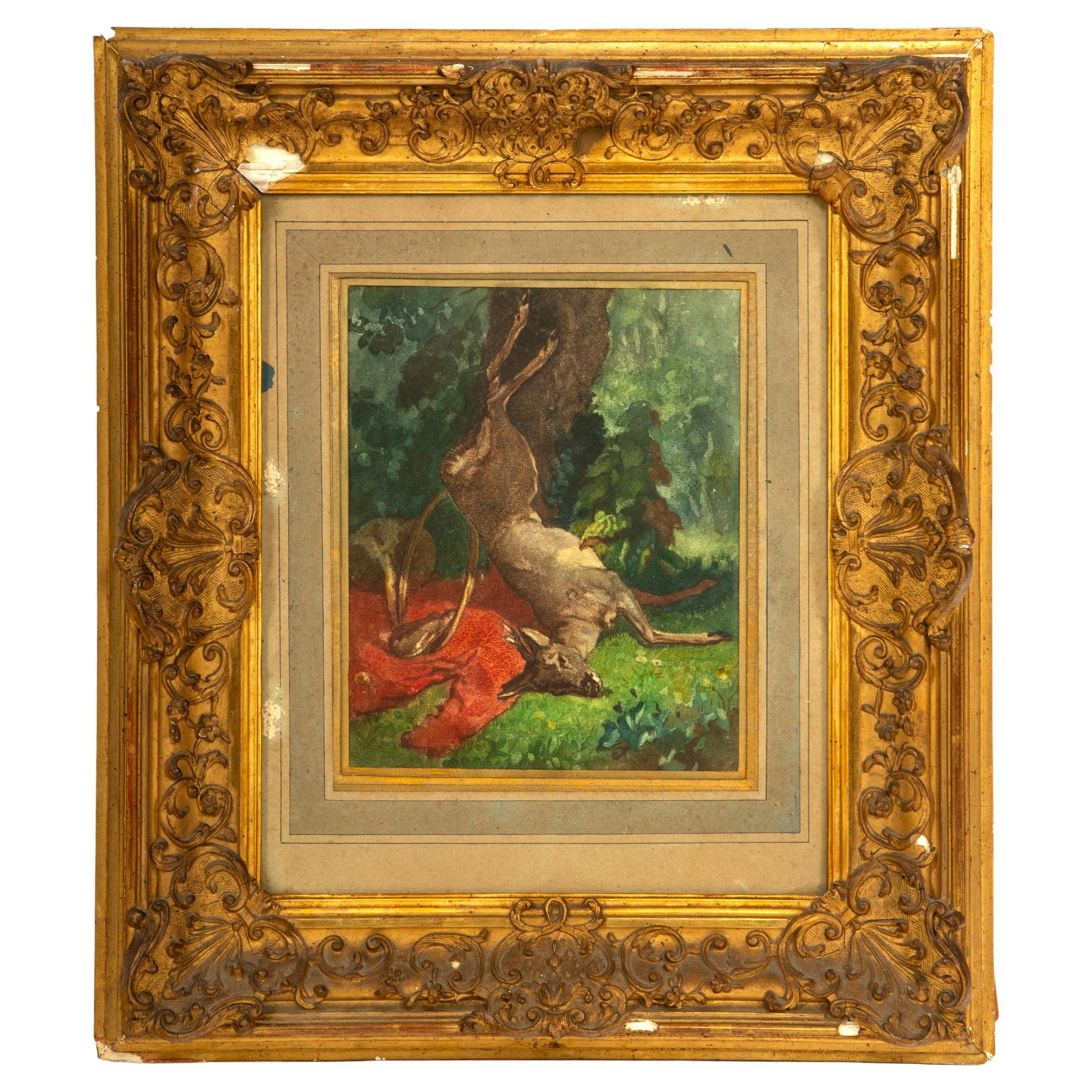 19th-Century Hunting Still Life with Deer and Hunter’s Horn For Sale