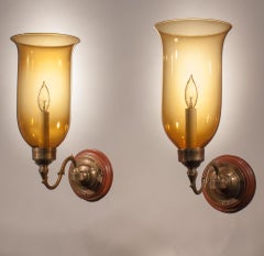 19th Century Hurricane Shade Sconces with Amber Colored Glass