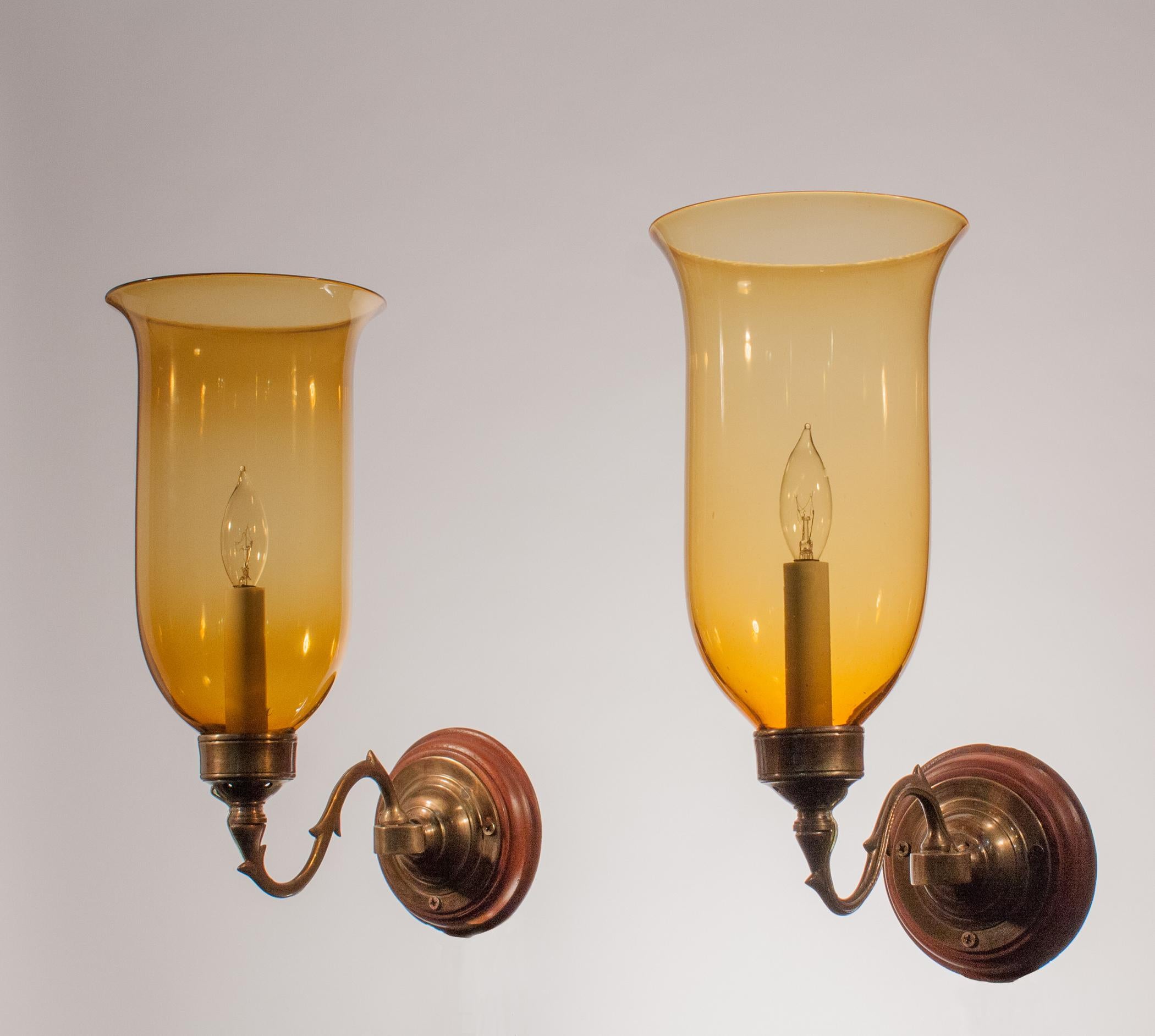 High Victorian 19th Century Hurricane Shade Sconces with Amber Colored Glass