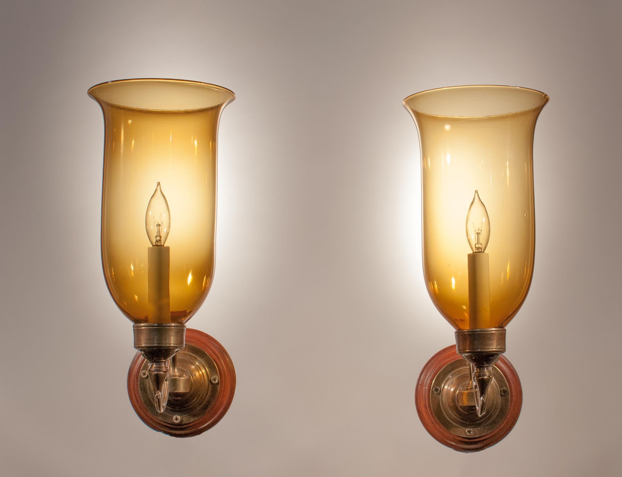 English 19th Century Hurricane Shade Sconces with Amber Colored Glass