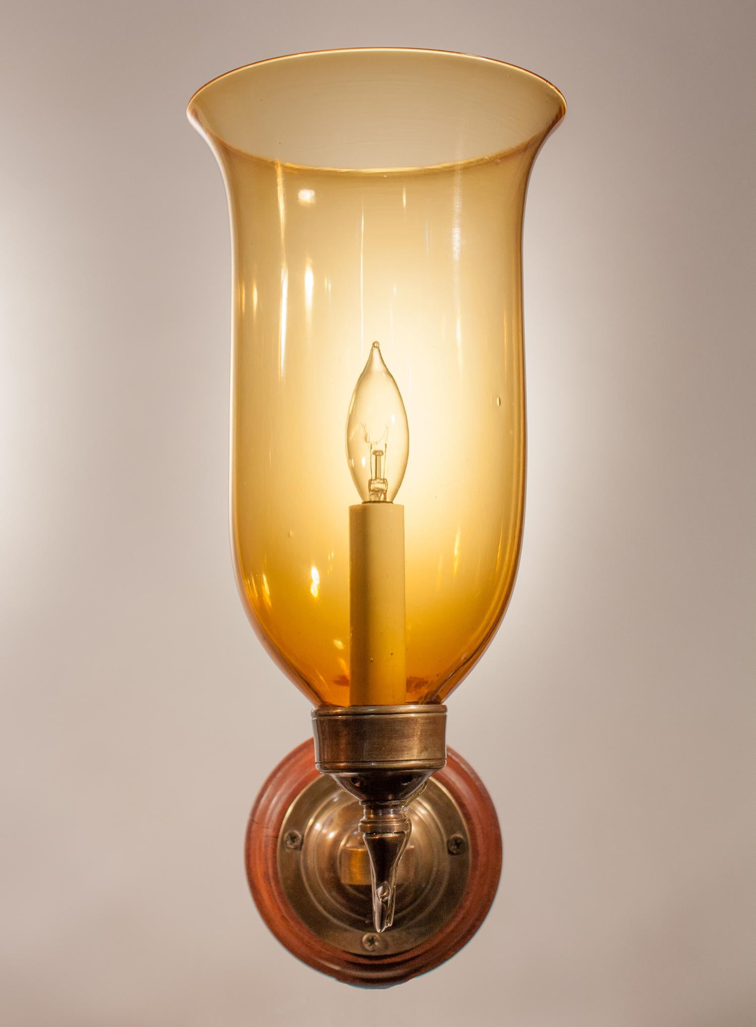 19th Century Hurricane Shade Sconces with Amber Colored Glass In Good Condition In Heath, MA