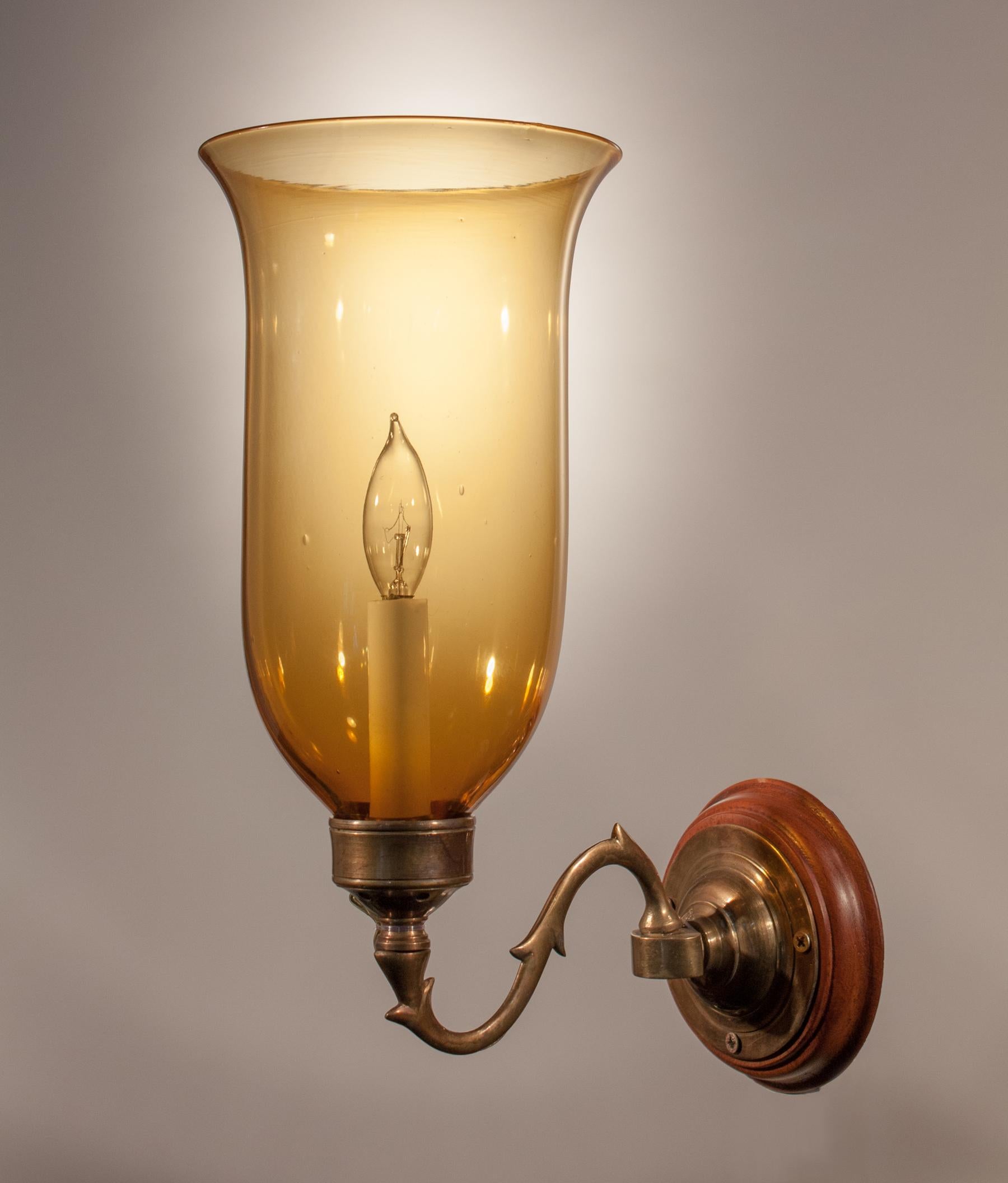 Brass 19th Century Hurricane Shade Sconces with Amber Colored Glass