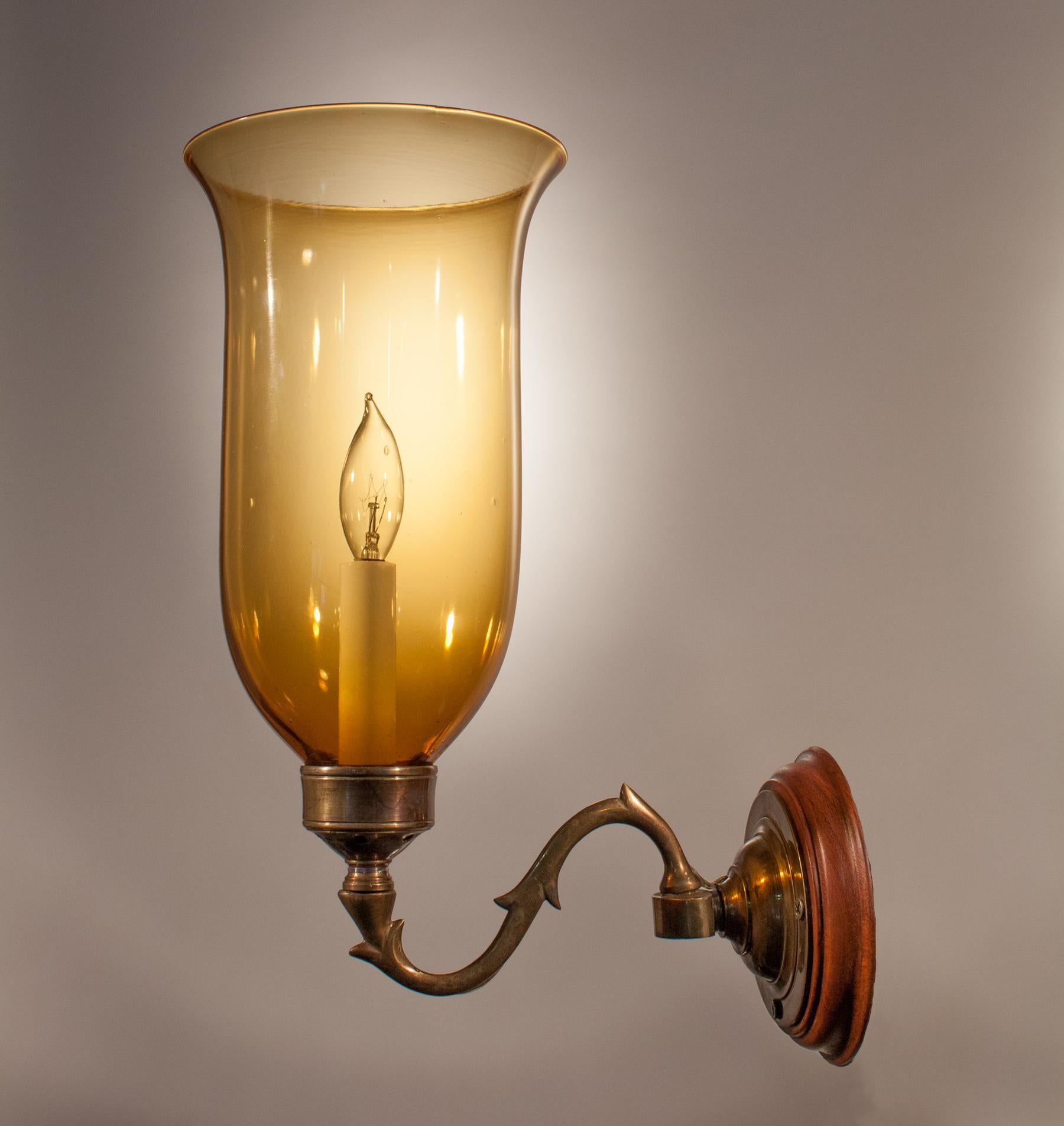 19th Century Hurricane Shade Sconces with Amber Colored Glass 1