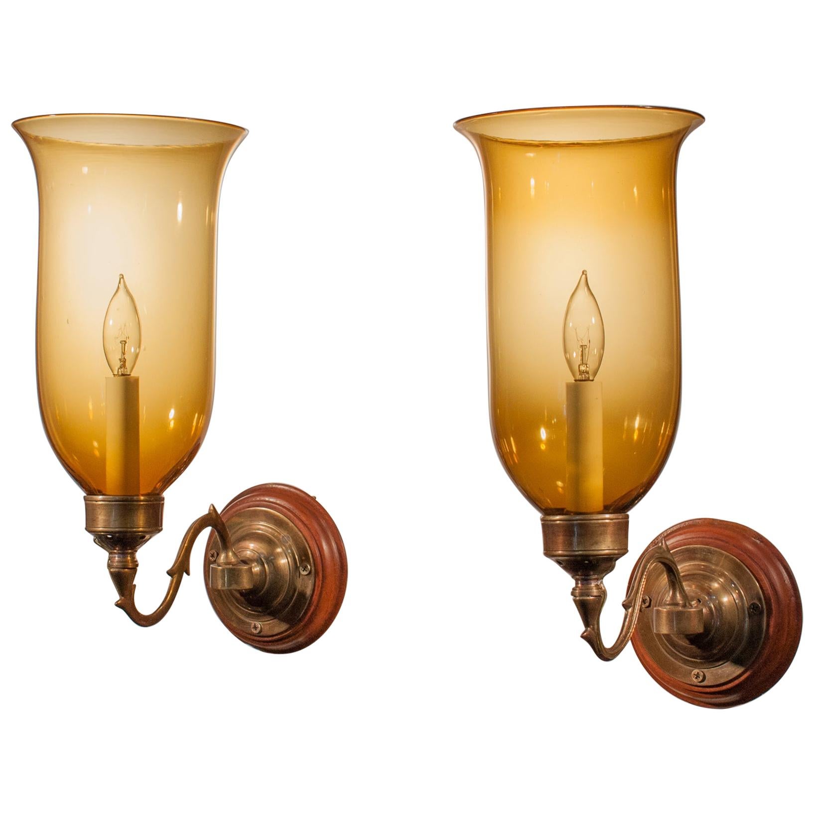 19th Century Hurricane Shade Sconces with Amber Colored Glass