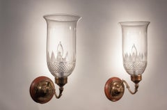 19th Century Hurricane Shade Sconces with Cut Glass Etching