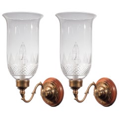 Antique 19th Century Hurricane Shade Sconces with Cut Glass Etching