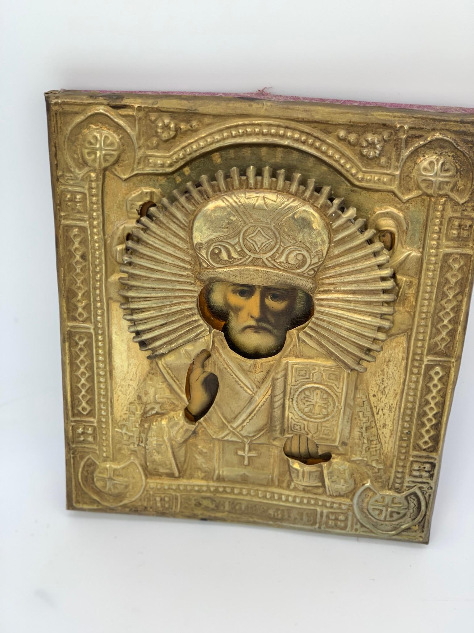 Woodwork 19th Century Icon of Bishop with Brass Work and Painting For Sale