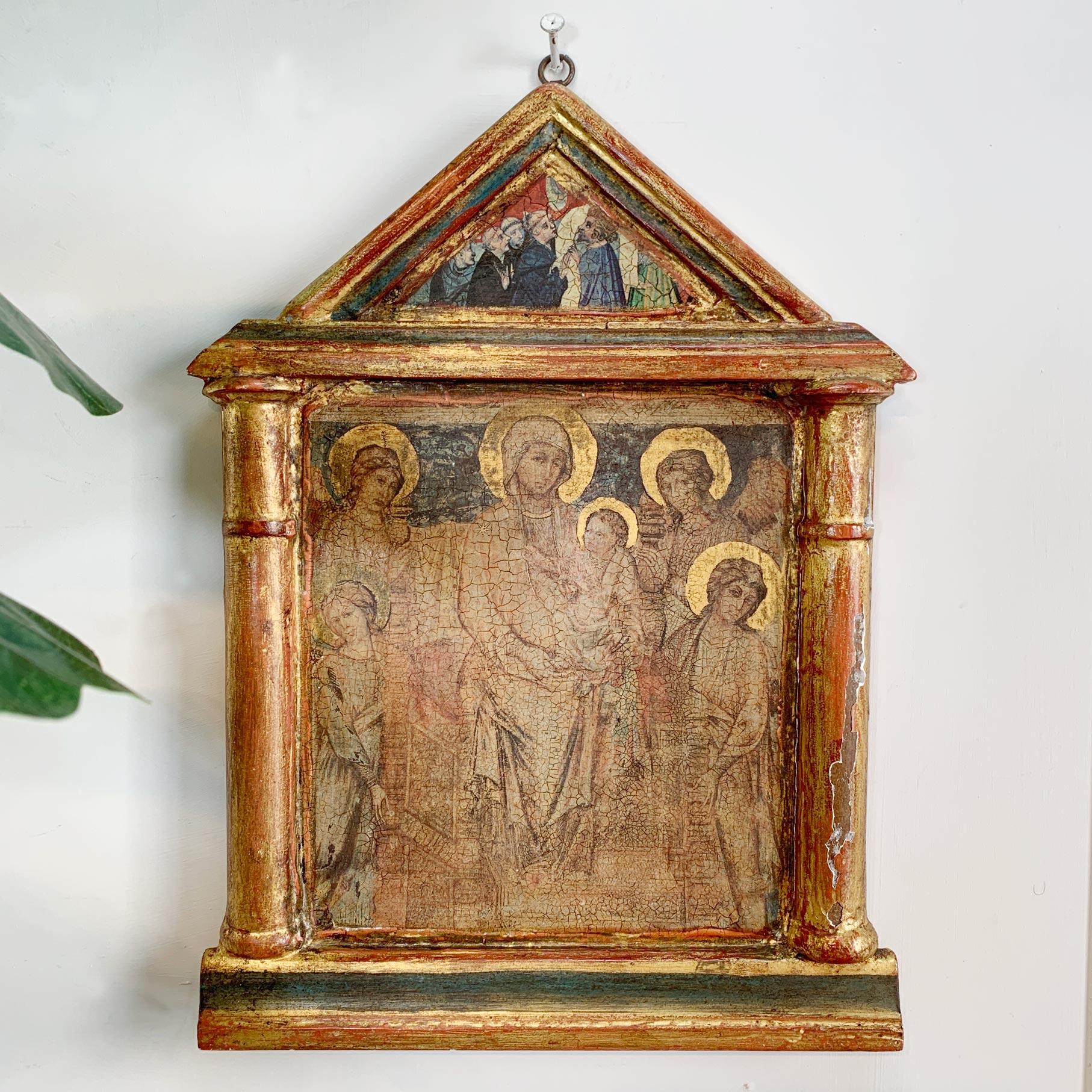 Late 19th century Icon painting on wood, the arched frame with applied gesso and gilt. The beautifully painted image is of The Virgin Mary, holding the infant Jesus, surrounded by Angels.

We believe this is a Greek Orthodox Icon, although it could