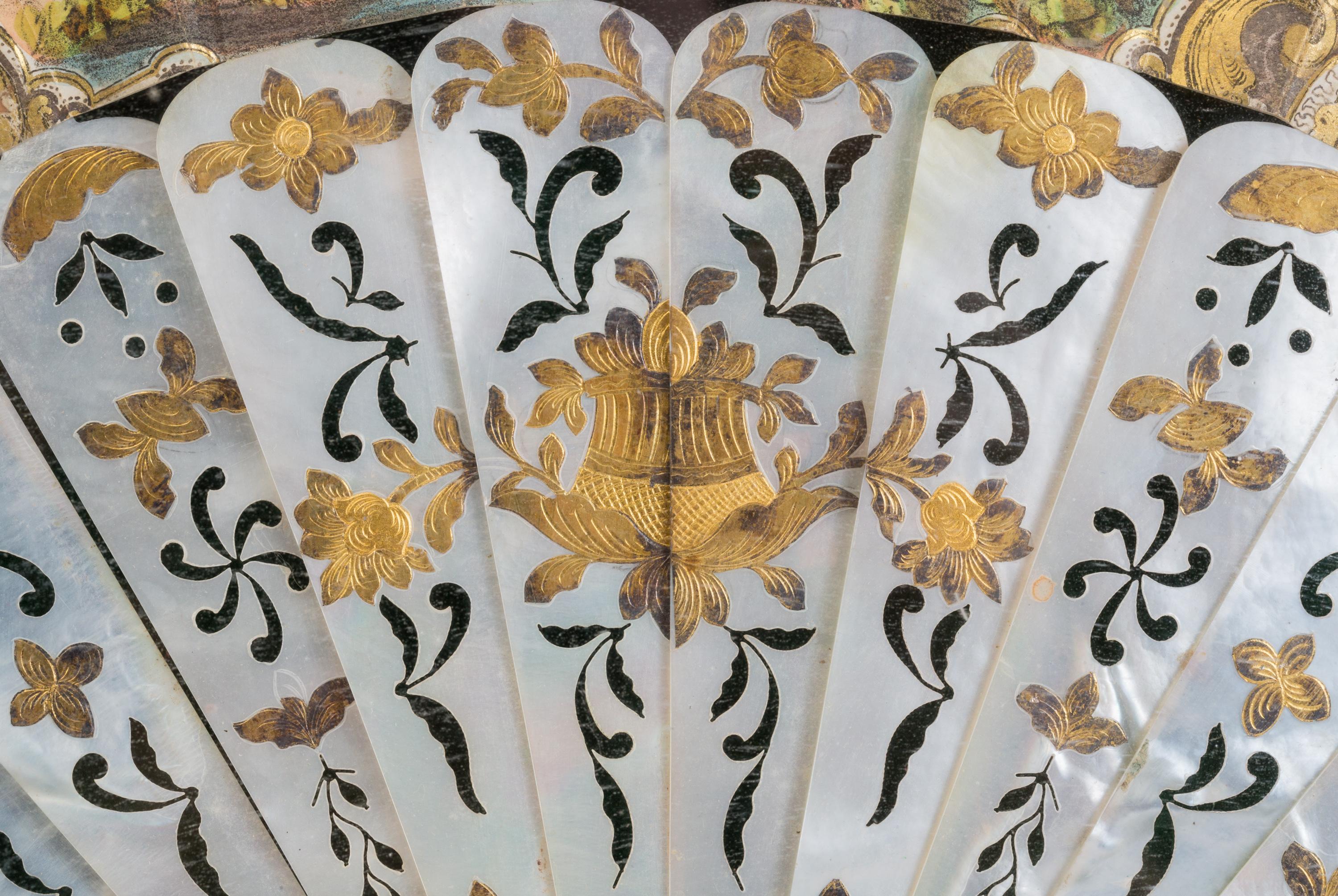Mother-of-Pearl 19th Century Illustrated French Hand Fan in Gilt Shadow Box Frame
