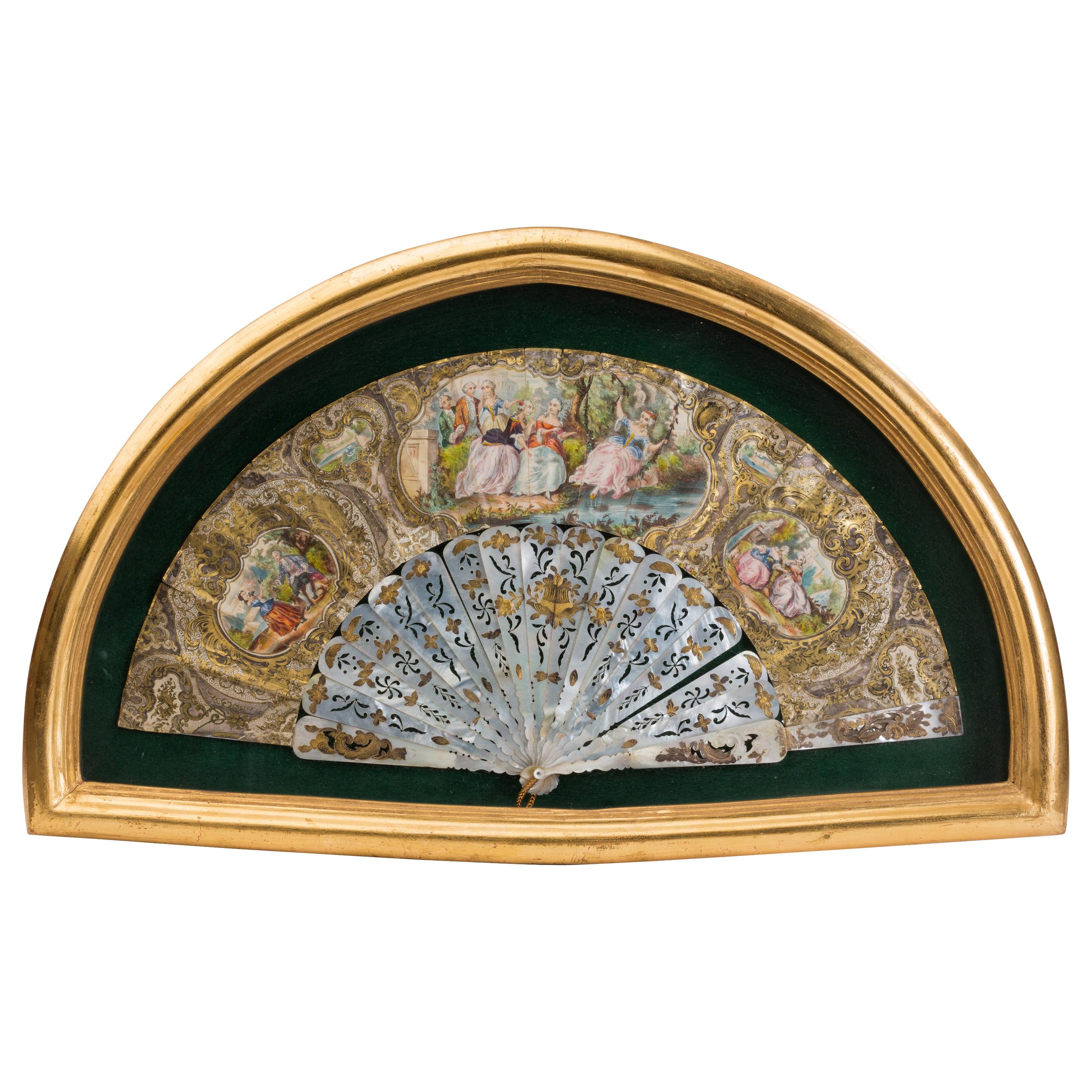 19th Century Illustrated French Hand Fan in Gilt Shadow Box Frame