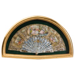 Antique 19th Century Illustrated French Hand Fan in Gilt Shadow Box Frame