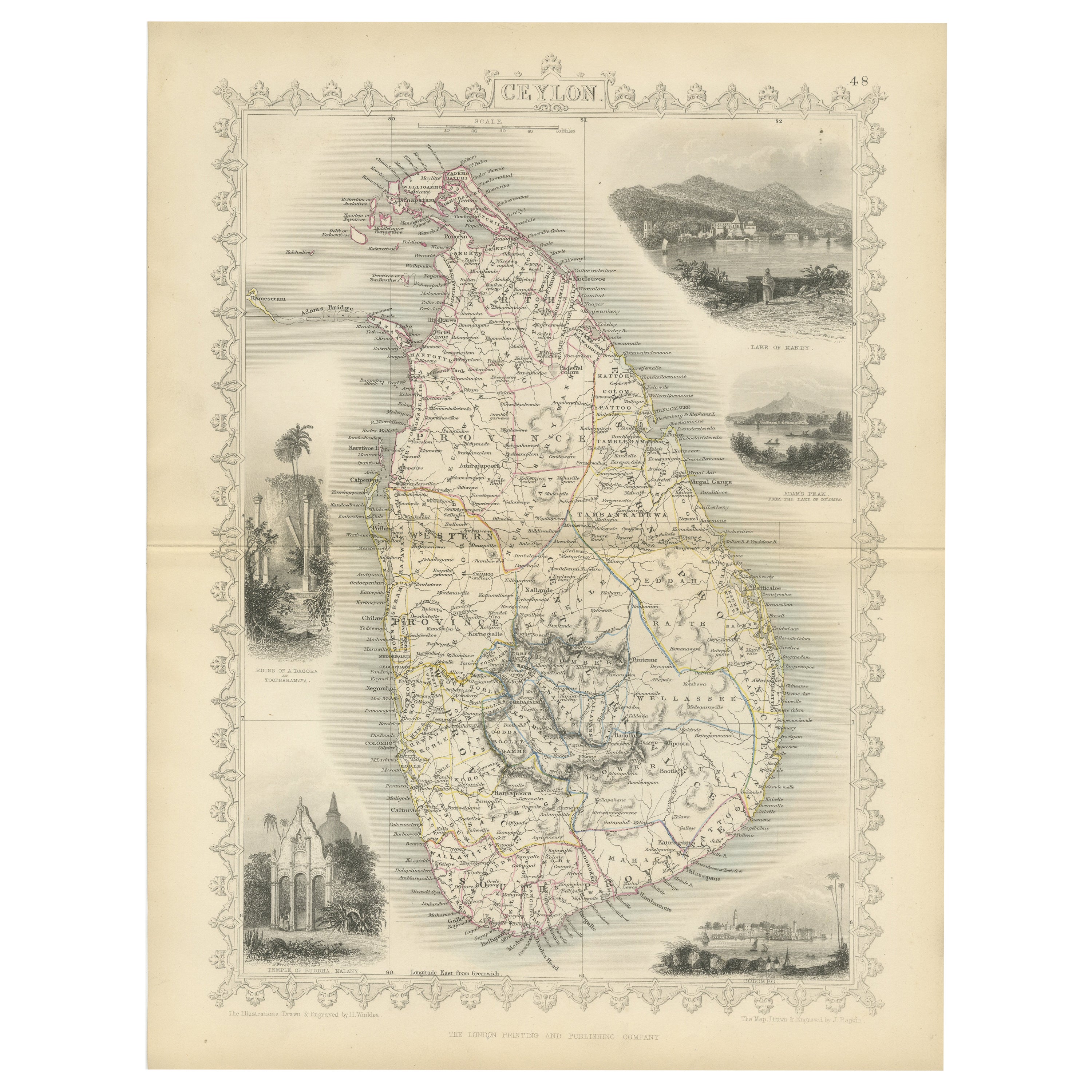 Mapa ilustrado del siglo XIX de Ceilán (Sri Lanka) con lugares destacados en venta