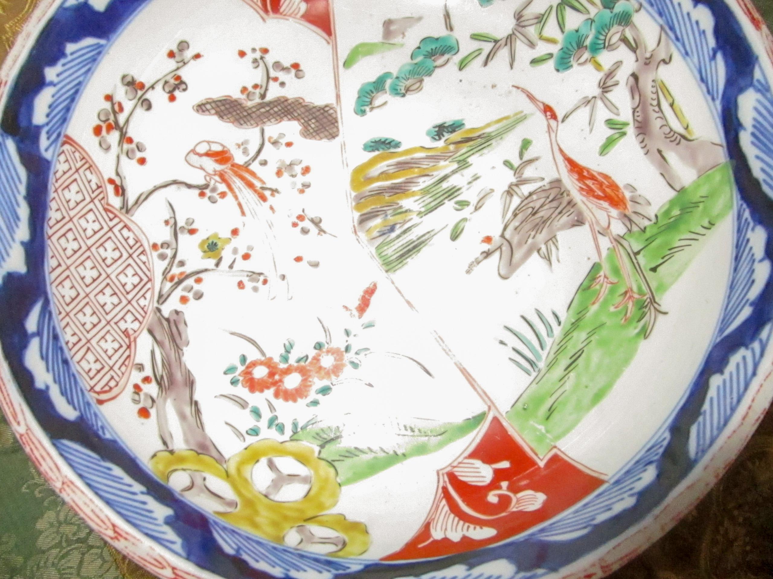 Porcelain 19th Century Imari Japanese Meiji Bowl with Crane Motif