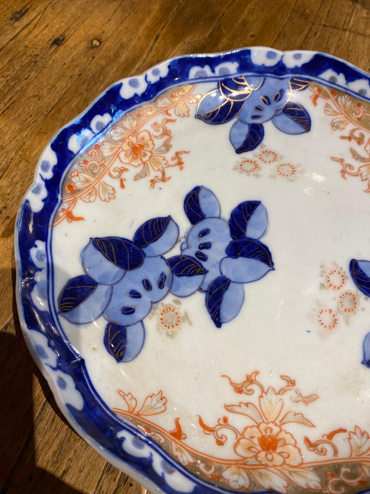 19th Century Imari Style Orange and Blue Plate with Gilt Details, Scalloped Edge 10