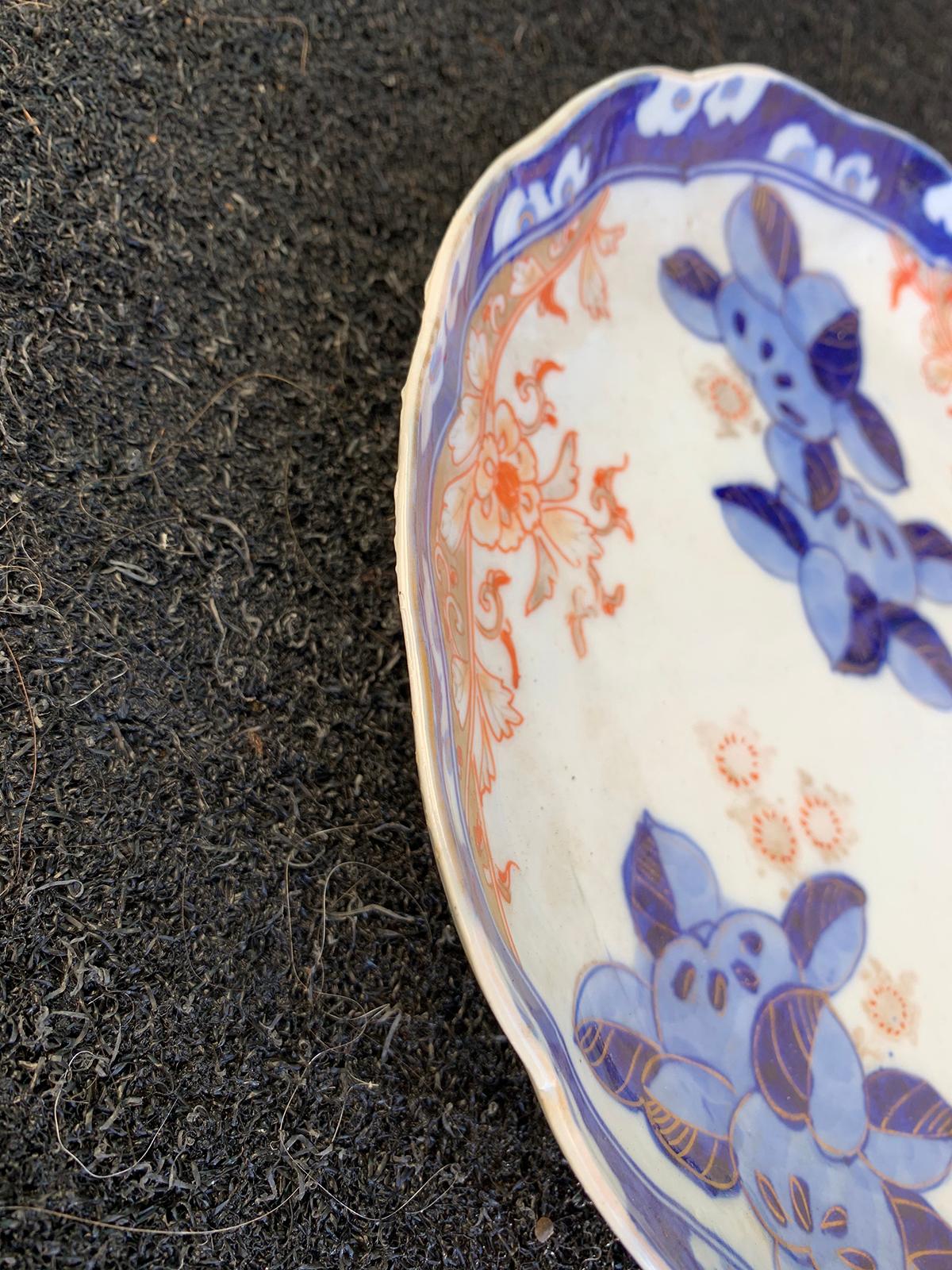 19th Century Imari Style Orange and Blue Plate with Gilt Details, Scalloped Edge 6