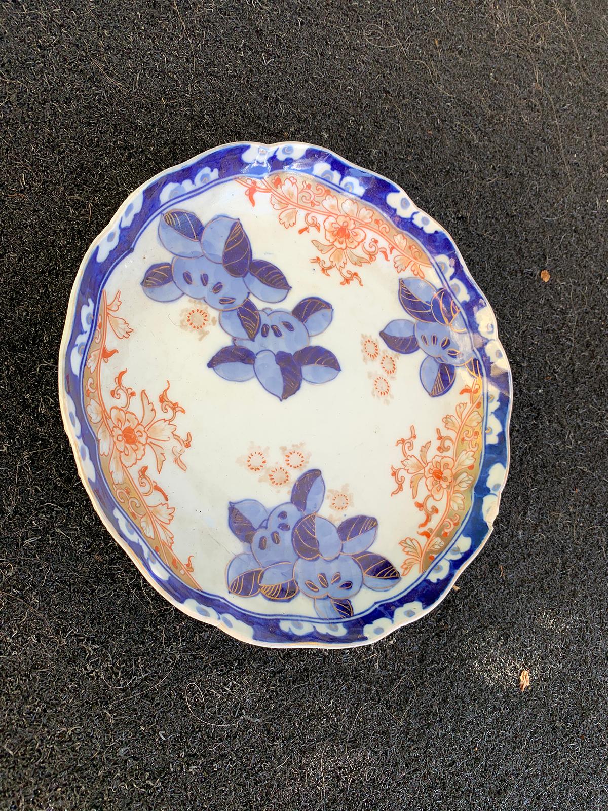 19th Century Imari Style Orange and Blue Plate with Gilt Details, Scalloped Edge 1