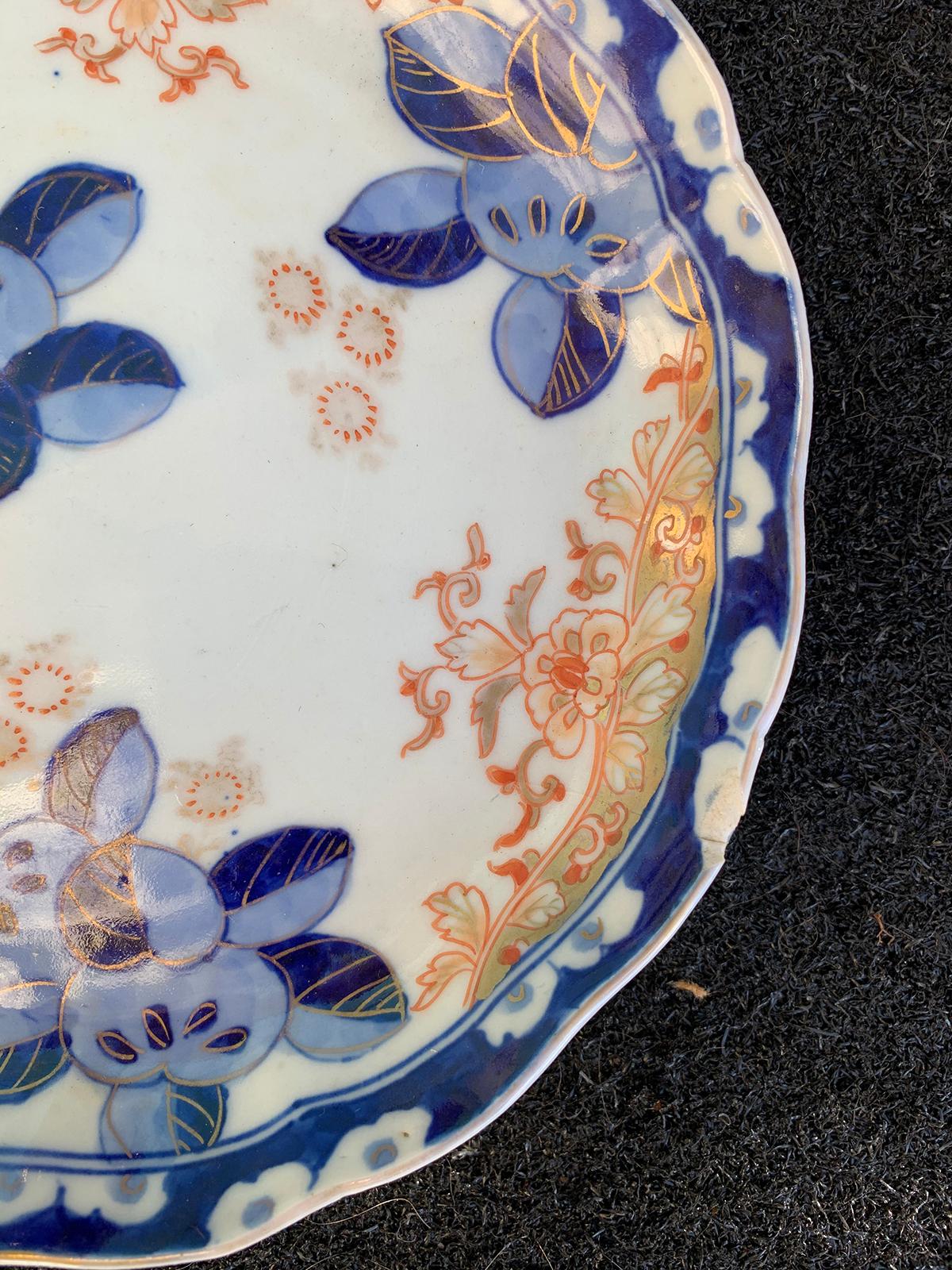 19th Century Imari Style Orange and Blue Plate with Gilt Details, Scalloped Edge 4