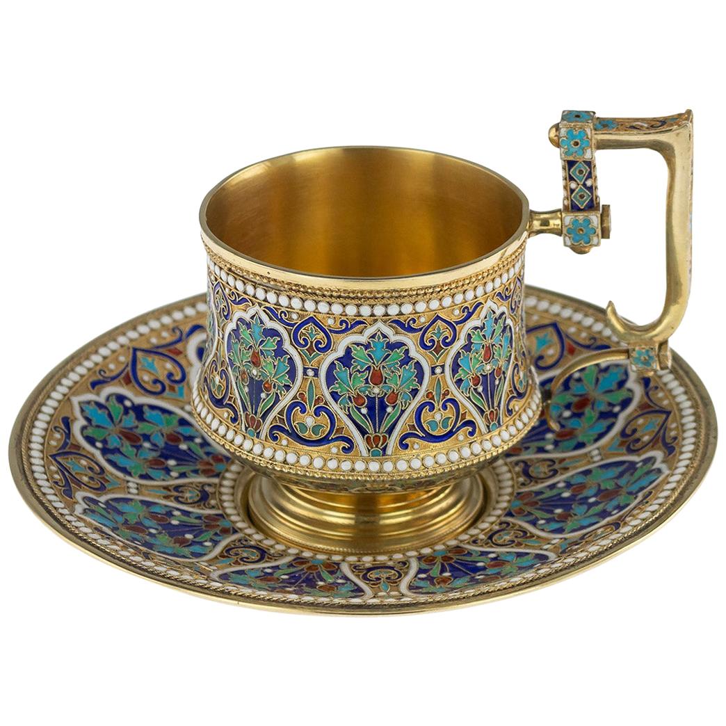 19th Century Imperial Russian Solid Silver-Gilt and Enamel Cup on Saucer