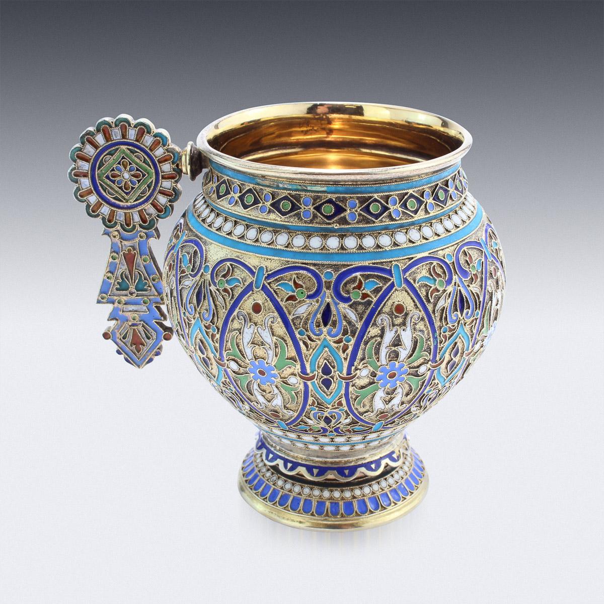 Antique late-19th century Imperial Russian solid silver-gilt and cloisonne enamel cup and saucer, each part richly gilt and beautifully enamelled with varicolor flowers, scrolling foliage, stylized pan-slavic handle and beaded white boarders along