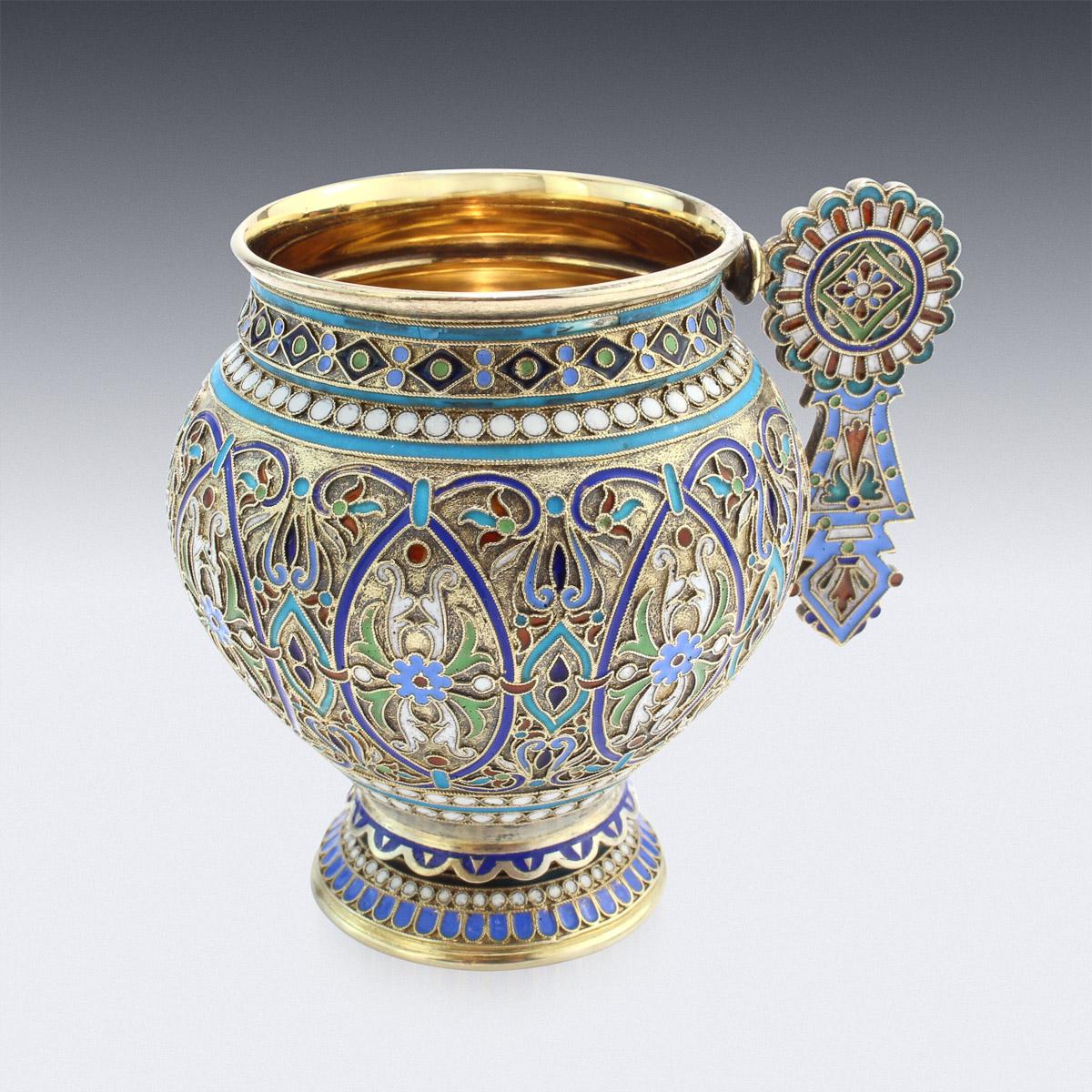 Cloissoné 19th Century Imperial Russian Solid Silver-Gilt & Enamel Cup on Saucer, c.1887