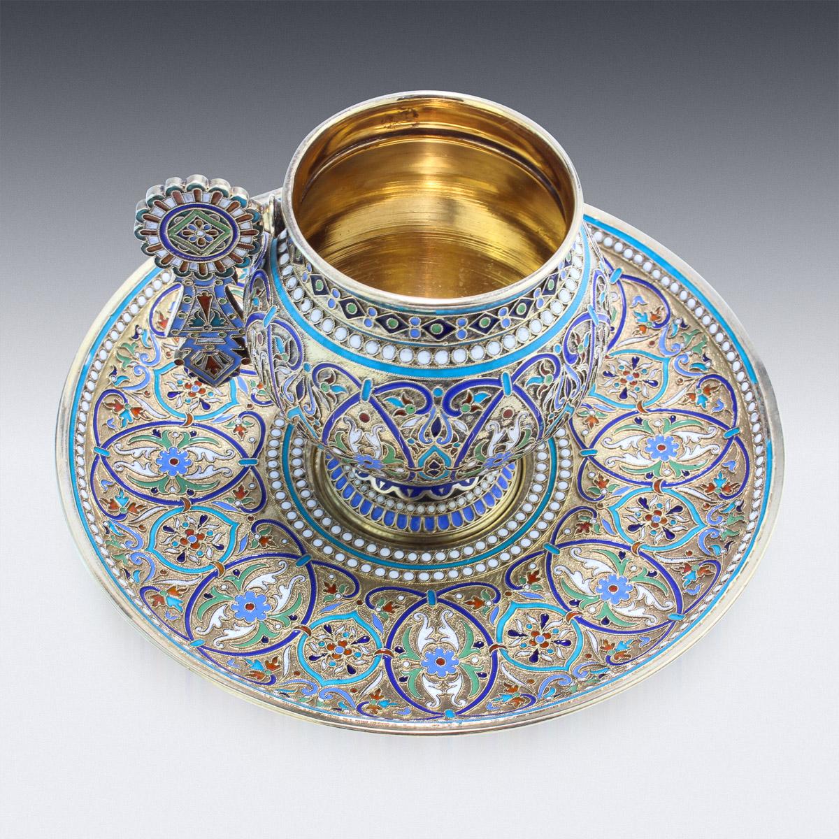 19th Century Imperial Russian Solid Silver-Gilt & Enamel Cup on Saucer, c.1887 In Good Condition In Royal Tunbridge Wells, Kent