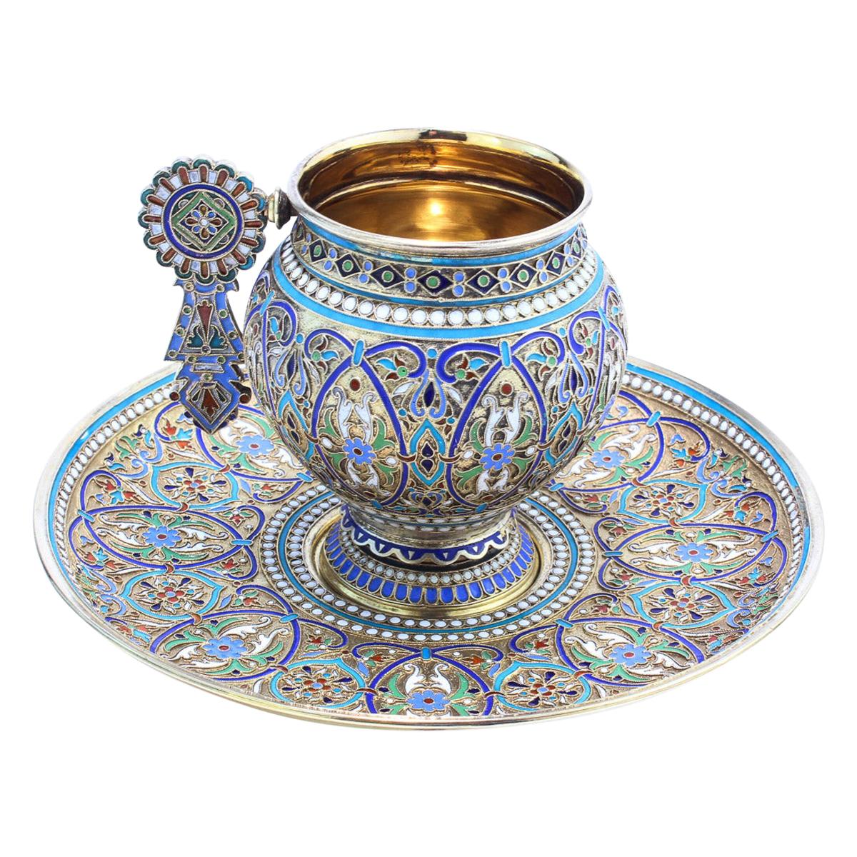 19th Century Imperial Russian Solid Silver-Gilt & Enamel Cup on Saucer, c.1887