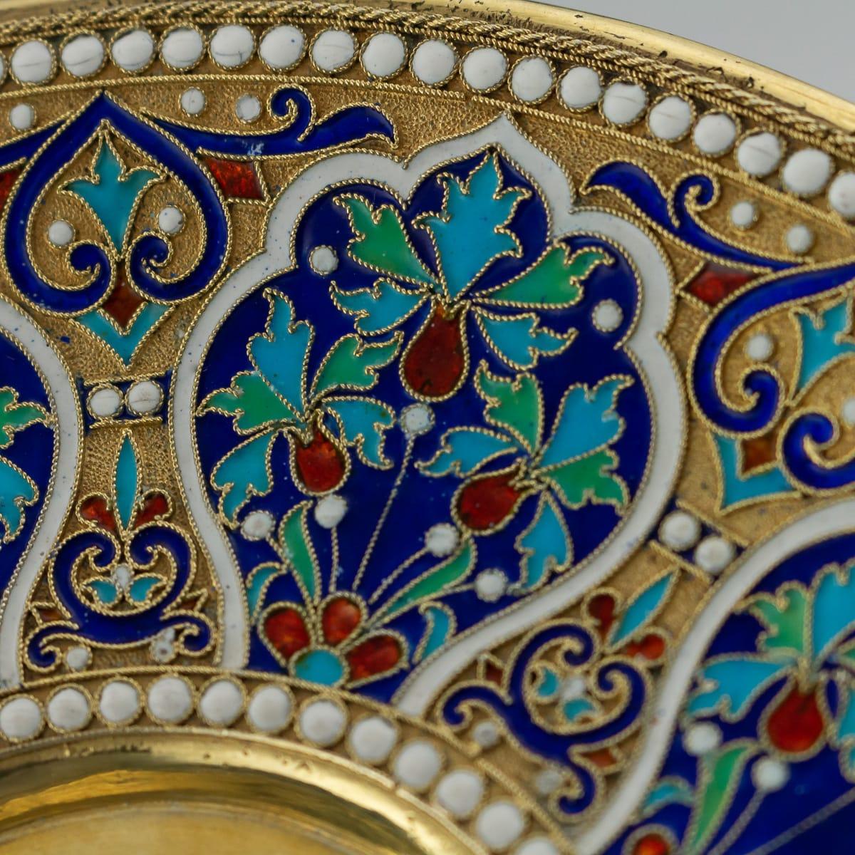 Cloissoné 19th Century Imperial Russian Solid Silver-Gilt and Enamel Cup on Saucer