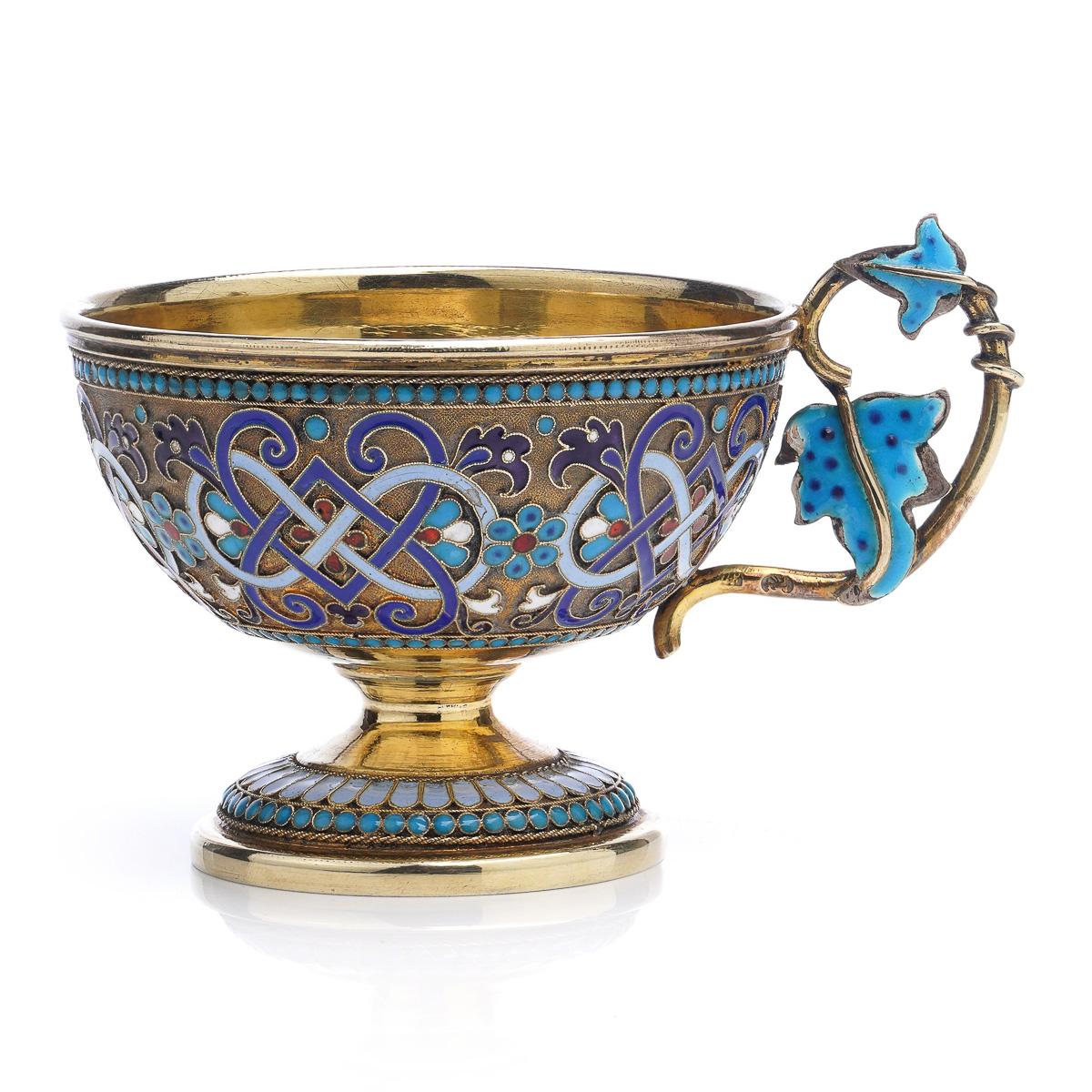 19th Century Imperial Russian Solid Silver-Gilt & Enamel Cup on Saucer, c.1890 In Good Condition In Royal Tunbridge Wells, Kent