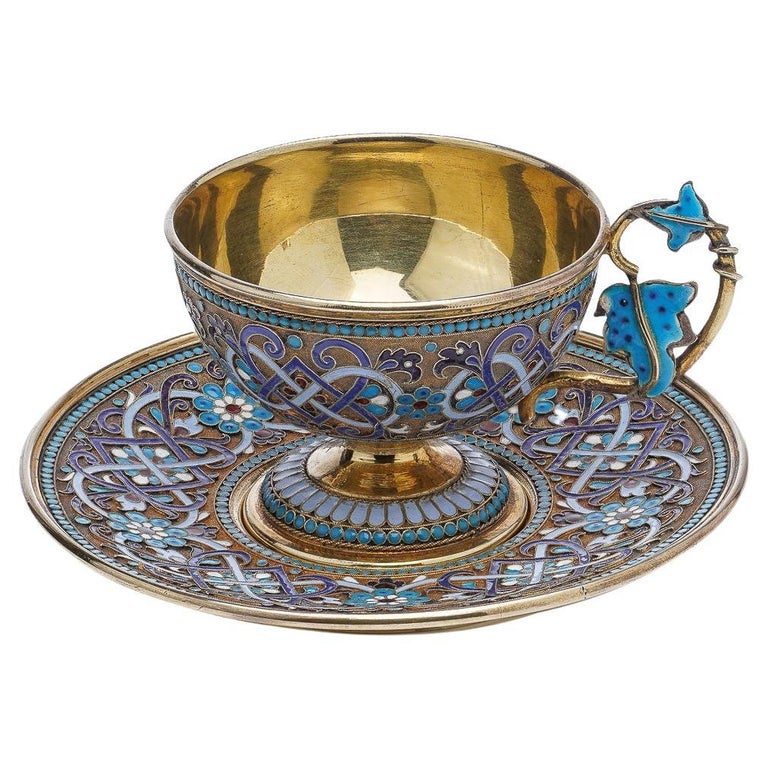 19th Century Imperial Russian Solid Silver-Gilt and Enamel Cup on Saucer,  c.1890 For Sale at 1stDibs