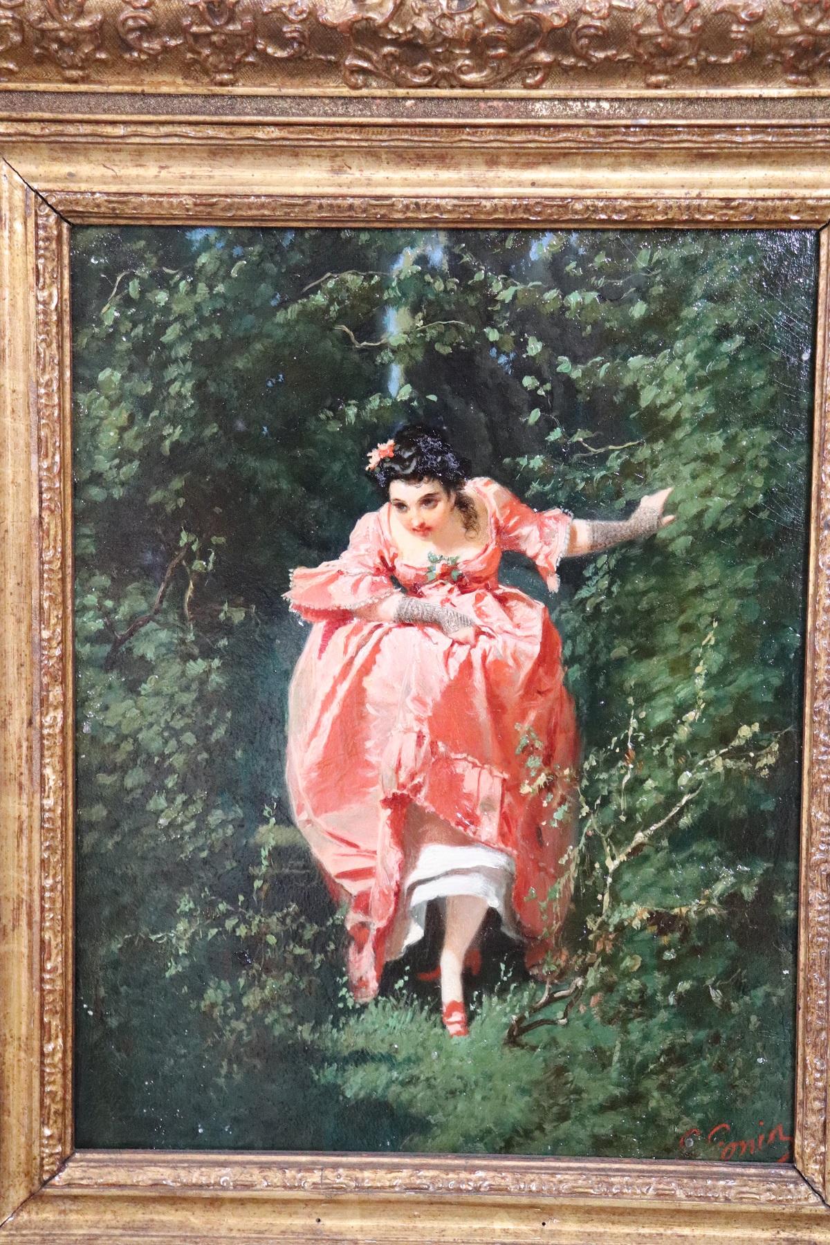 Important refined oil painting on cardboard from a collection of nineteenth century works. Painting by G. Gonin, a very important artist who entered the history of art among the great Piedmontese painters of the 19th century.

Biographical