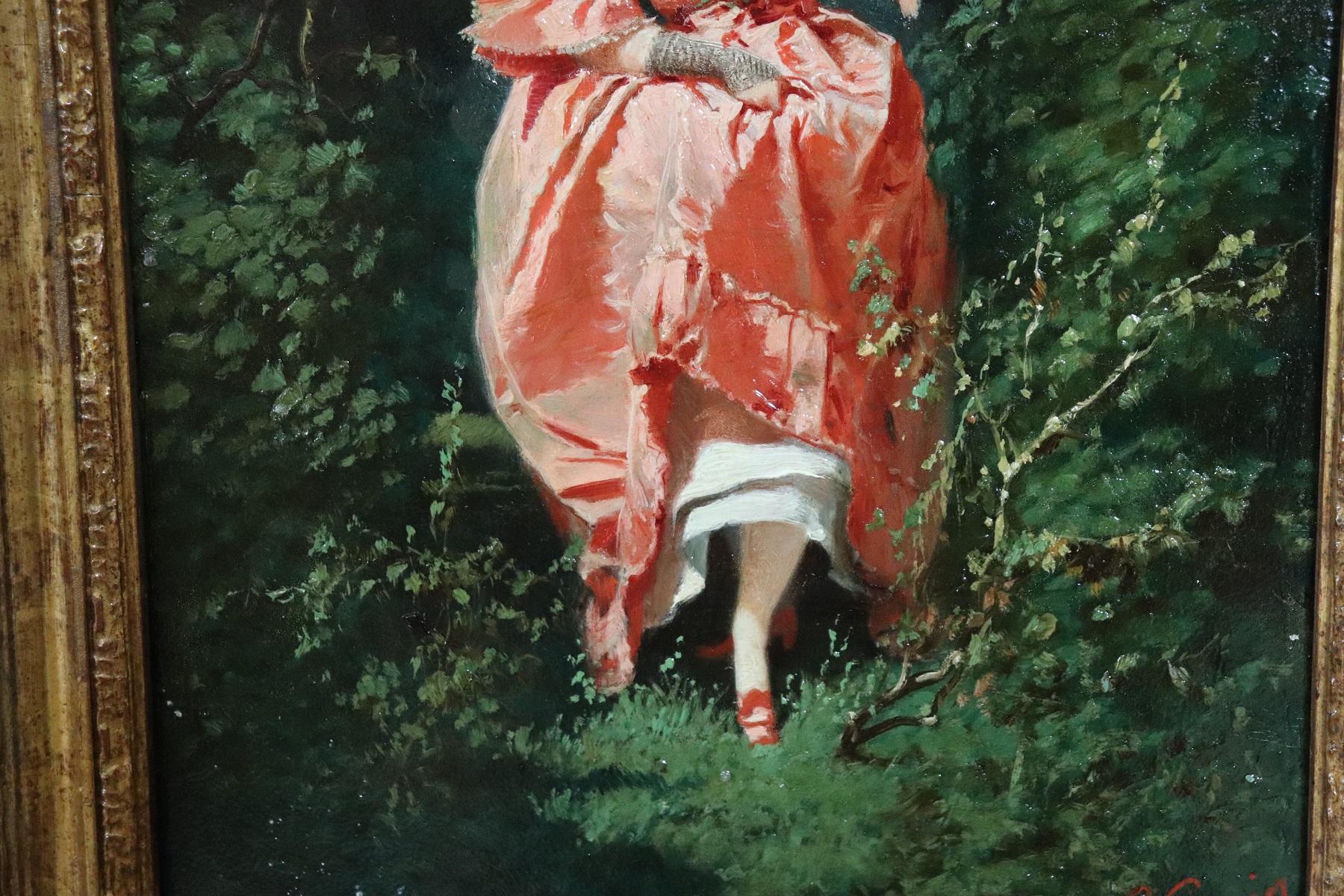 Oiled 19th Century Important Italian Artis Oil Painting on Hardboard Girl in the Woods For Sale