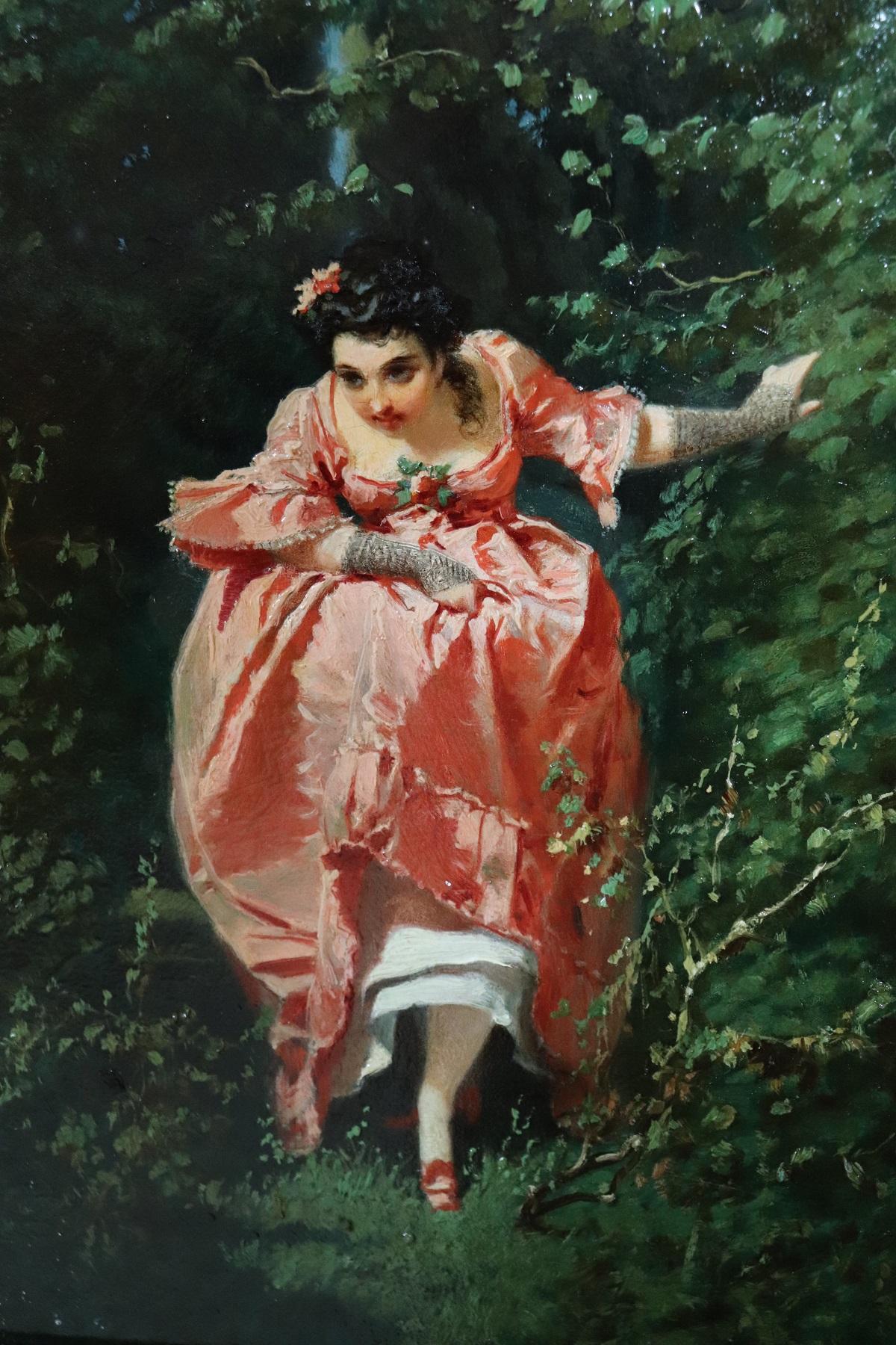Mid-19th Century 19th Century Important Italian Artis Oil Painting on Hardboard Girl in the Woods For Sale