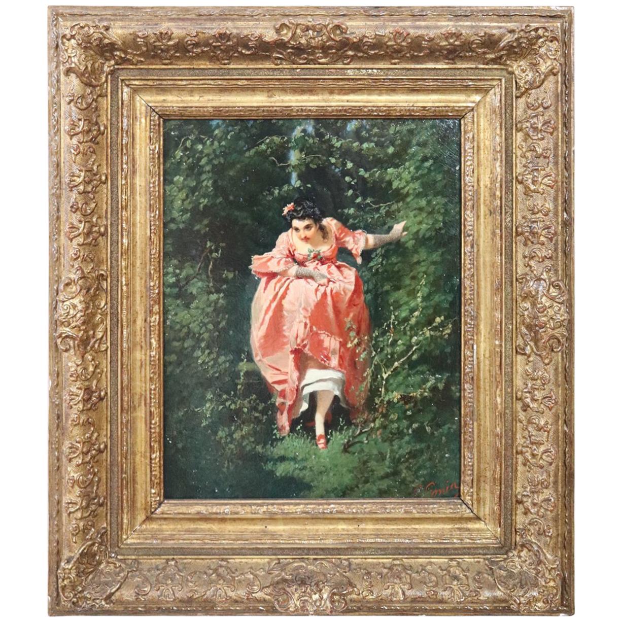 19th Century Important Italian Artis Oil Painting on Hardboard Girl in the Woods