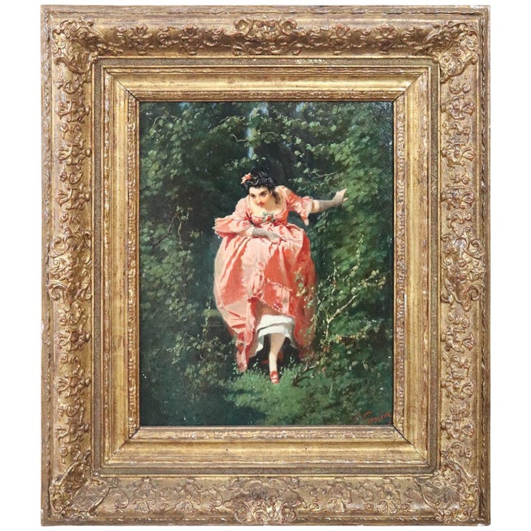 19th Century Important Italian Artis Oil Painting on Hardboard Girl in the Woods For Sale