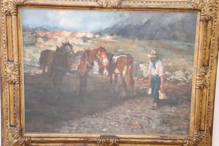 Oiled 19th Century Important Italian Artist Oil Painting on Canvas, Horses at Rest For Sale