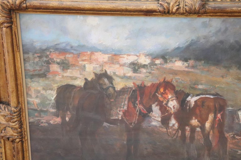 19th Century Important Italian Artist Oil Painting on Canvas, Horses at Rest For Sale 1