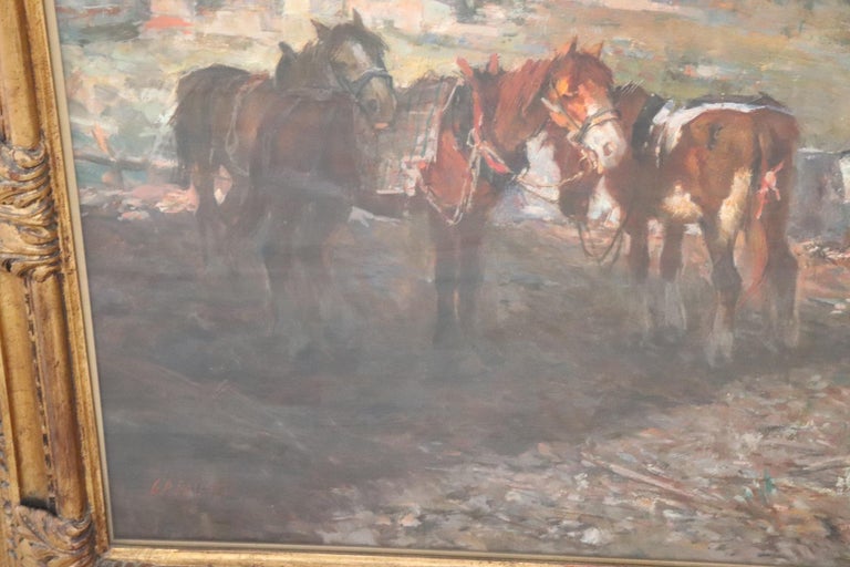 19th Century Important Italian Artist Oil Painting on Canvas, Horses at Rest For Sale 2