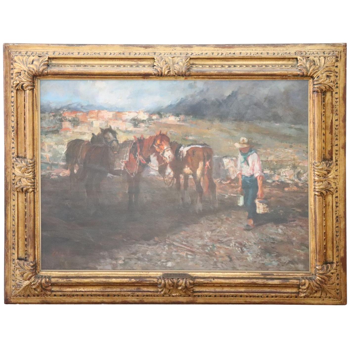 19th Century Important Italian Artist Oil Painting on Canvas, Horses at Rest