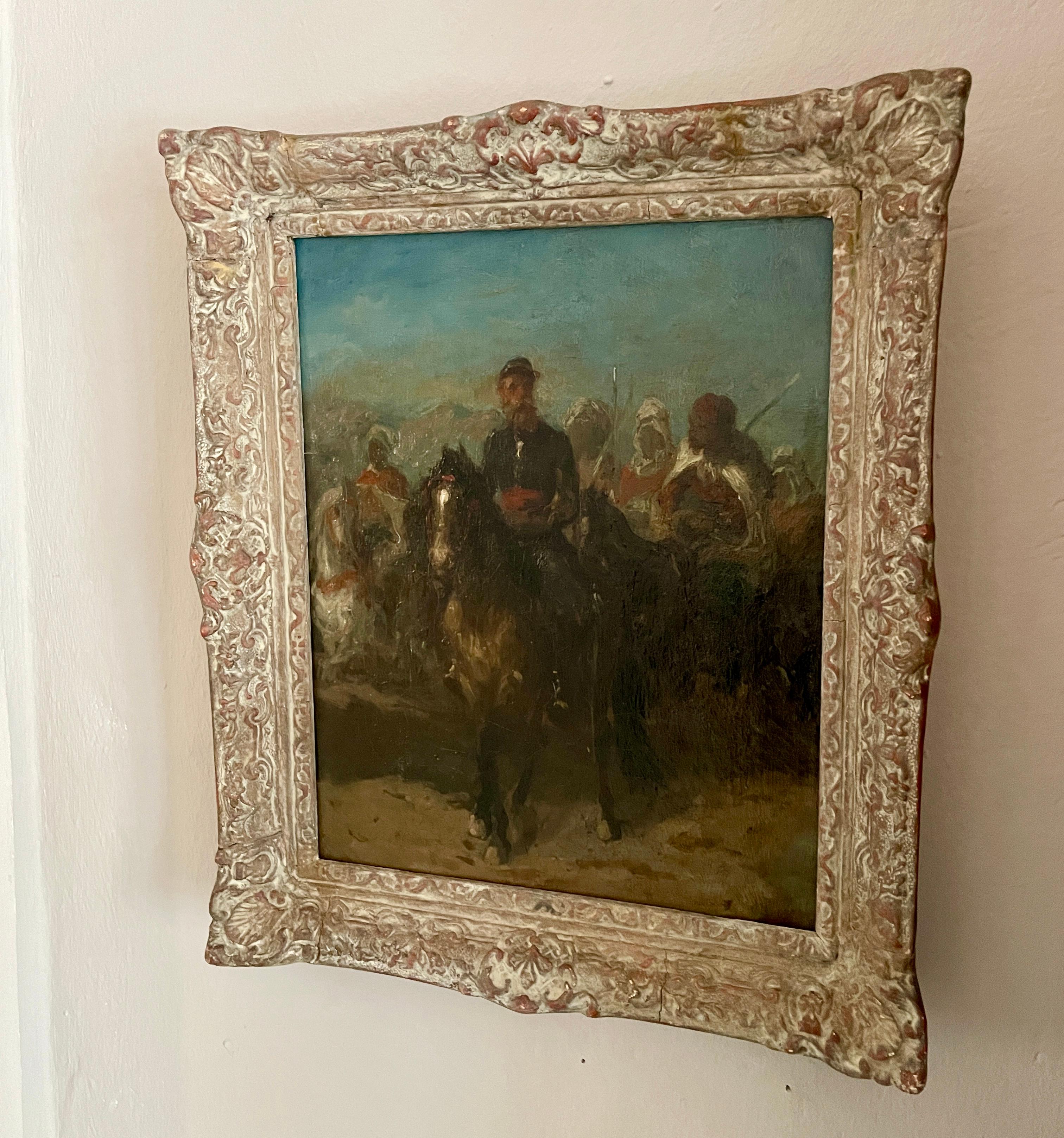 Oil painting (framed) 
Artist: Unknown (style of Eugene Delacroix (1798-1863). 
Date: 19th century Title: French lieutenant on horseback leading a Bedouin cavalry. 
Medium: Oil on canvas (linen background with original frame) 
Size: 36.5 x 28 cm